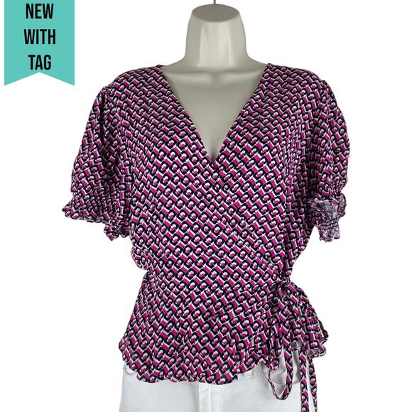 Diane von Furstenberg Emilia 3D Chain Printed Wrap Top Pink Size 16 - Picture 3 of 12